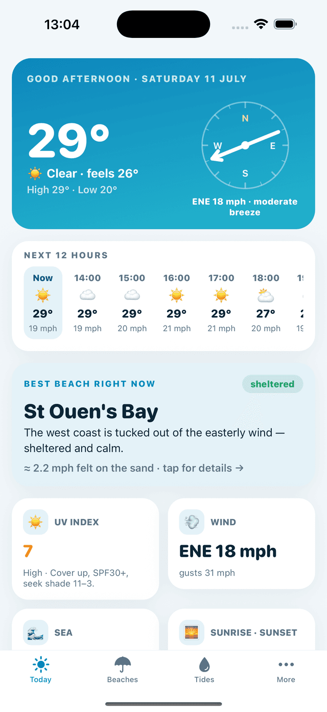 Jersey Beach App Today screen showing 29° and the best beach
