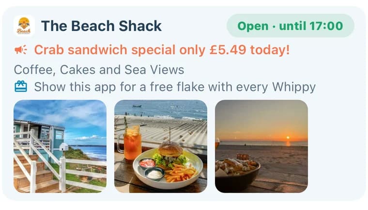 A listing with its logo and photos, on a beach page