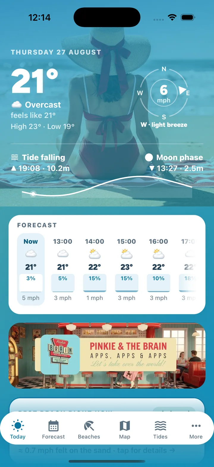 Jersey Beach App Today screen — conditions and the best beach at a glance