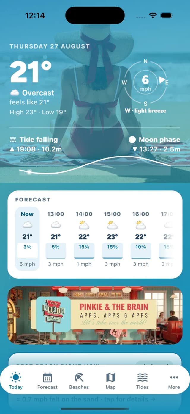 Jersey Beach App Today screen — conditions and the best beach at a glance